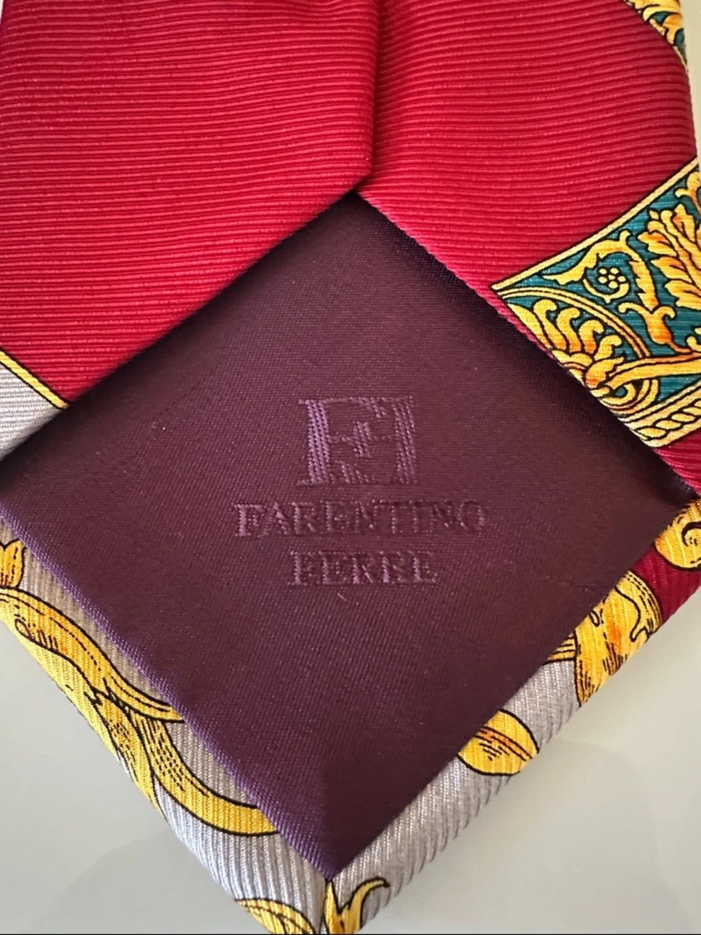 Farentino Ferre Bold Red and Gold Baroque Silk Tie Vintage